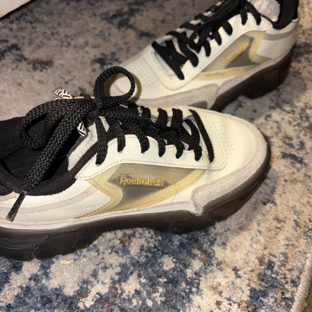 Reebok White, Black & Gold Leather Platform Sneakers